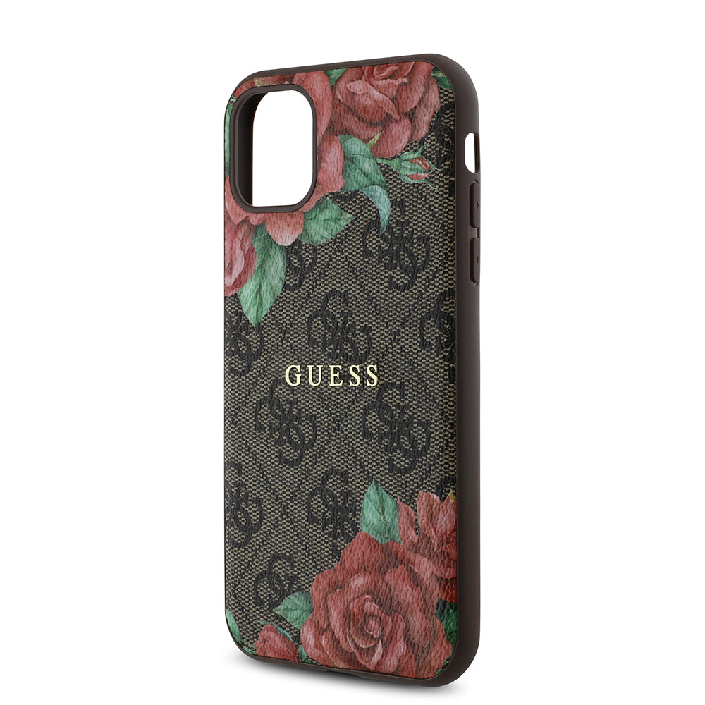 Apple iPhone 11 Case Guess Original Licensed M-safe Compatible Rose Printed 4G Patterned Text Logo Cover Black