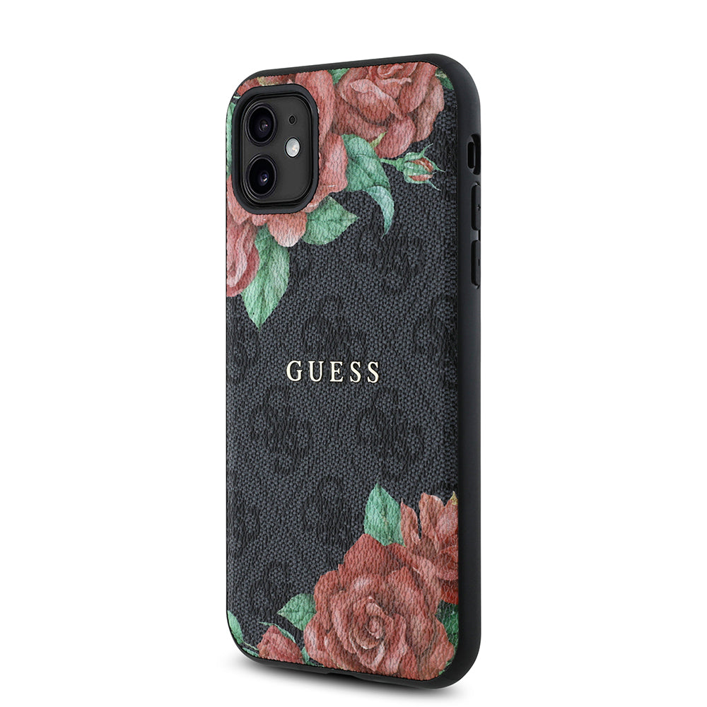 Apple iPhone 11 Case Guess Original Licensed M-safe Compatible Rose Printed 4G Patterned Text Logo Cover Black