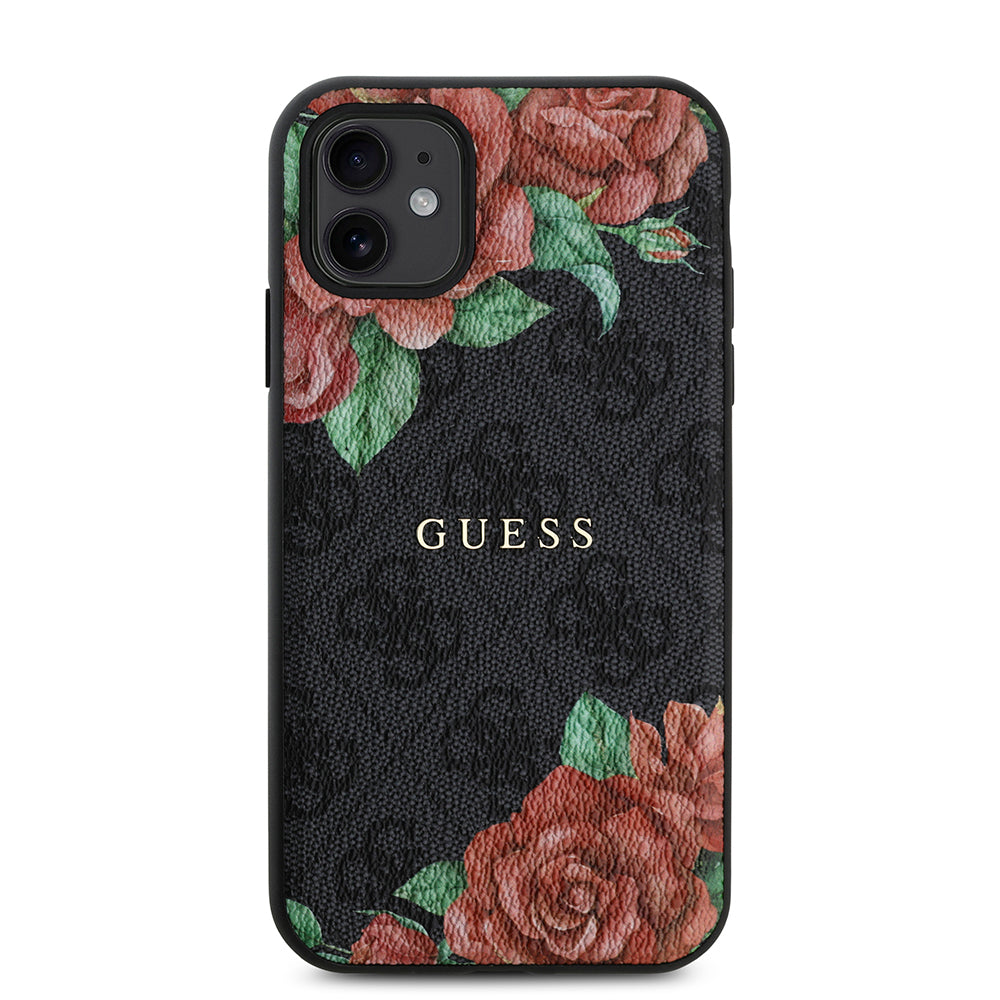 Apple iPhone 11 Case Guess Original Licensed M-safe Compatible Rose Printed 4G Patterned Text Logo Cover Black