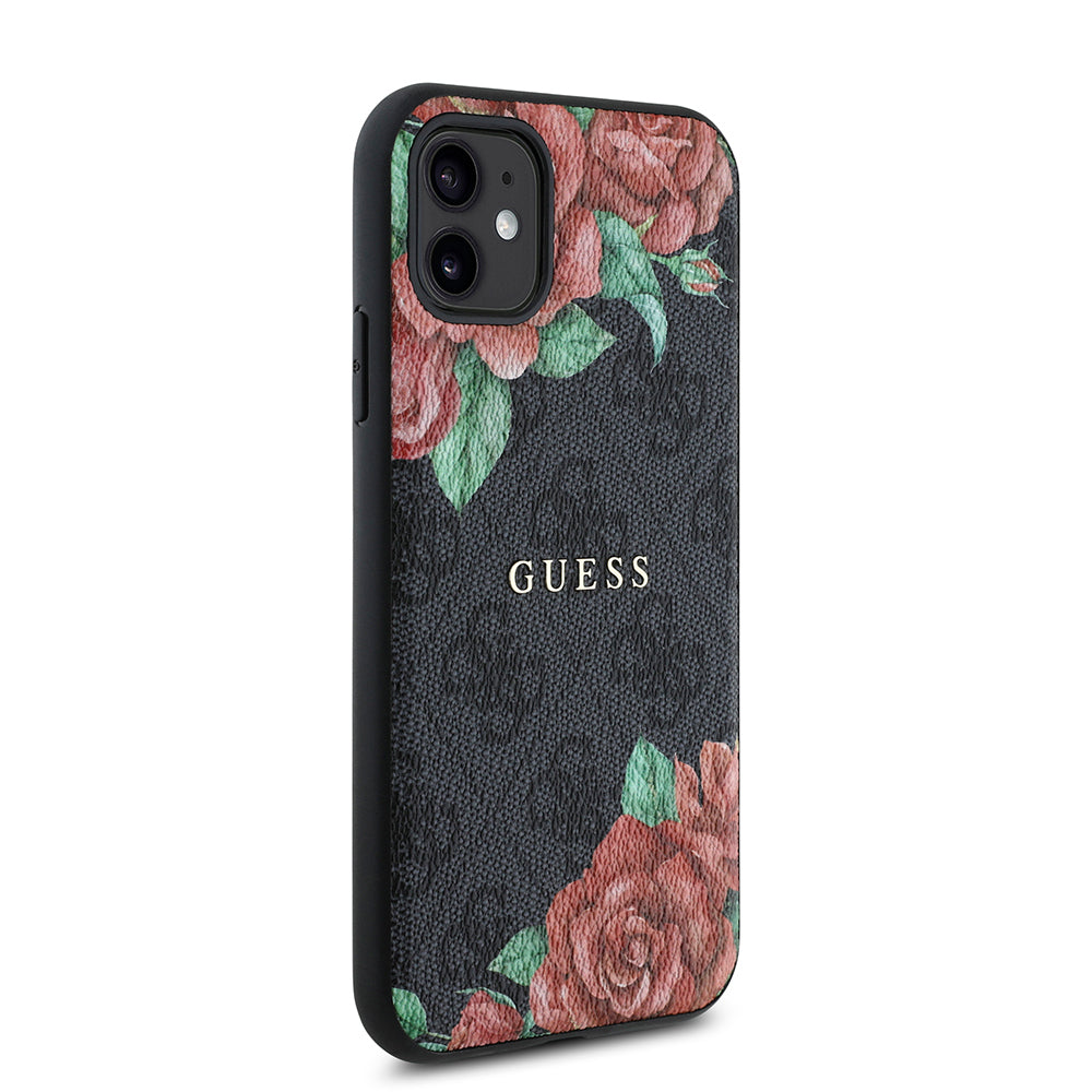 Apple iPhone 11 Case Guess Original Licensed M-safe Compatible Rose Printed 4G Patterned Text Logo Cover Black