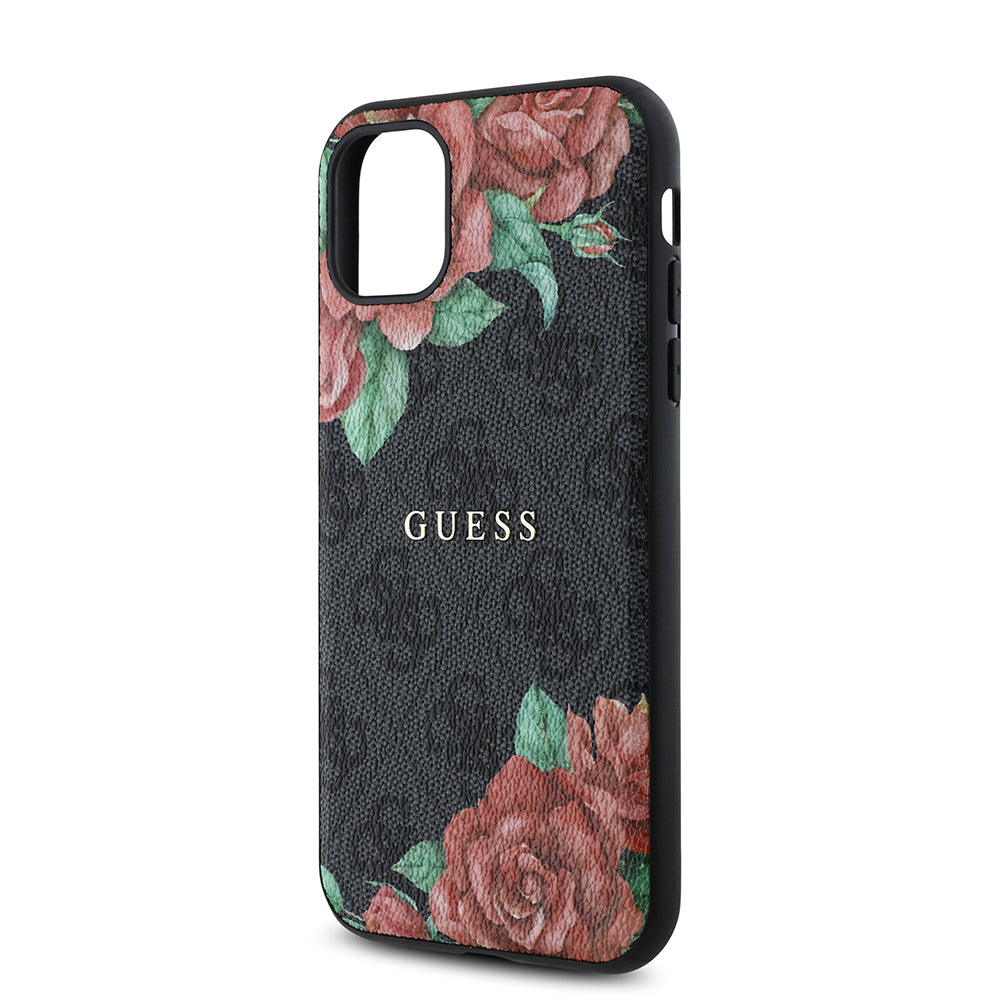 Apple iPhone 11 Case Guess Original Licensed M-safe Compatible Rose Printed 4G Patterned Text Logo Cover Black