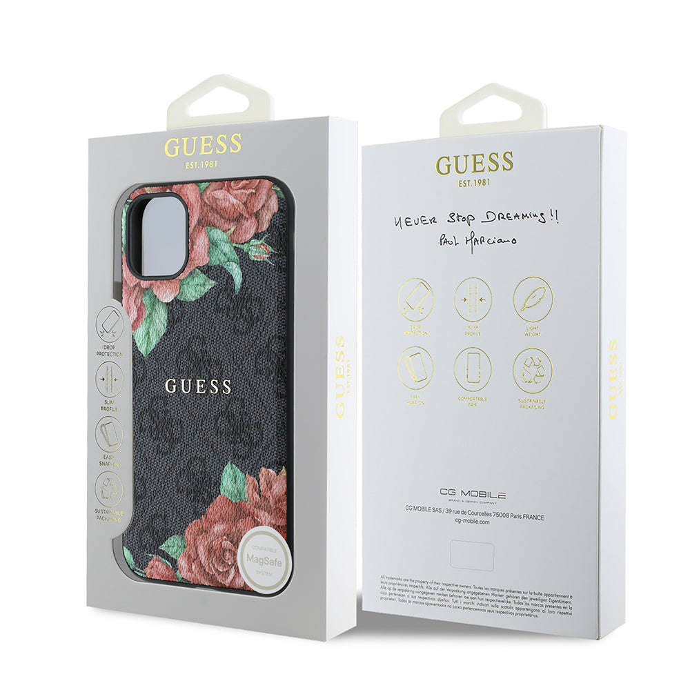 Apple iPhone 11 Case Guess Original Licensed M-safe Compatible Rose Printed 4G Patterned Text Logo Cover Black
