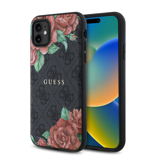 Apple iPhone 11 Case Guess Original Licensed M-safe Compatible Rose Printed 4G Patterned Text Logo Cover Black