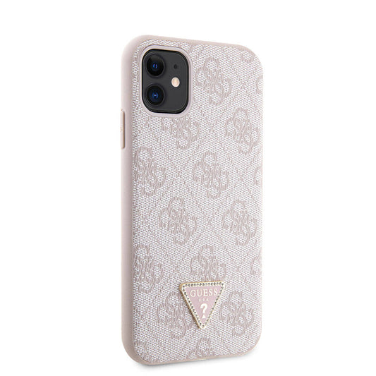 Apple iPhone 11 Case Guess Original Licensed PU Leather Stone Triangle Logo 4G Patterned Cover Pink