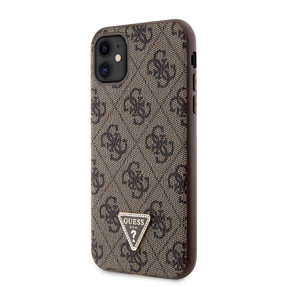 Apple iPhone 11 Case Guess Original Licensed PU Leather Stone Triangle Logo 4G Patterned Cover Brown
