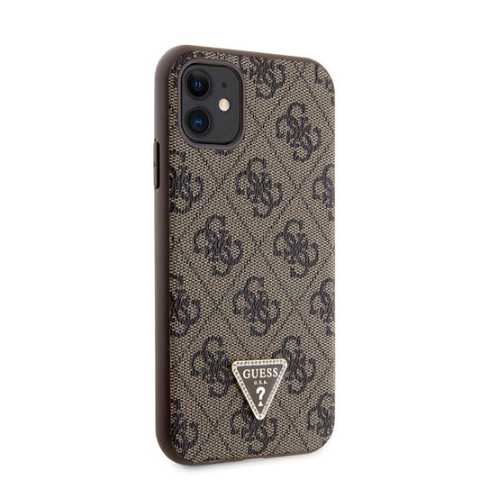 Apple iPhone 11 Case Guess Original Licensed PU Leather Stone Triangle Logo 4G Patterned Cover Brown