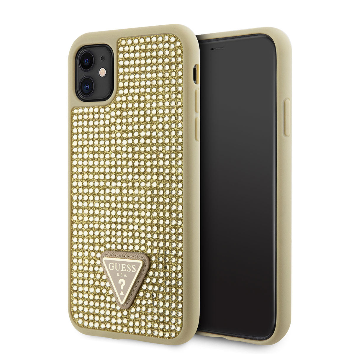 Apple iPhone 11 Case Guess Original Licensed Stone Back Surface Triangle Logo Cover Gold