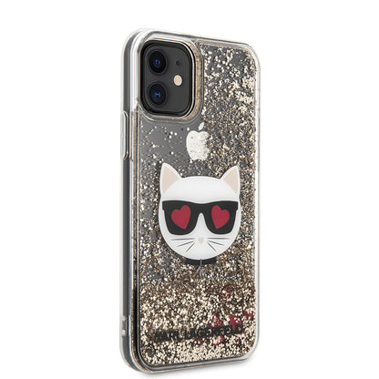 Apple iPhone 11 Kılıf Karl Lagerfeld Sıvılı Simli Choupette Dizayn Kapak Gold