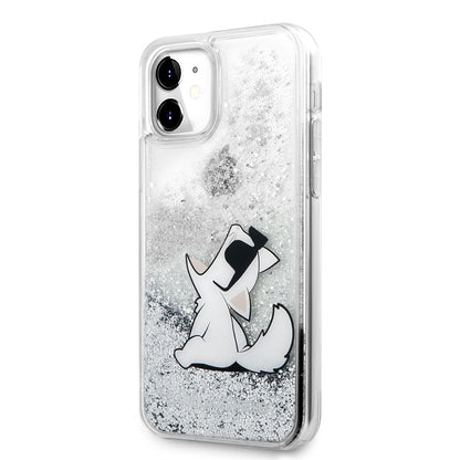 Apple iPhone 11 Kılıf Karl Lagerfeld Sıvılı Simli Choupette Fun Dizayn Kapak Gümüş