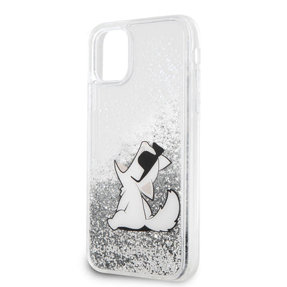 Apple iPhone 11 Kılıf Karl Lagerfeld Sıvılı Simli Choupette Fun Dizayn Kapak Gümüş