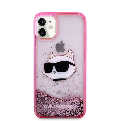 Apple iPhone 11 Kılıf Karl Lagerfeld Sıvılı Simli Choupette Head Dizayn Kapak Pembe