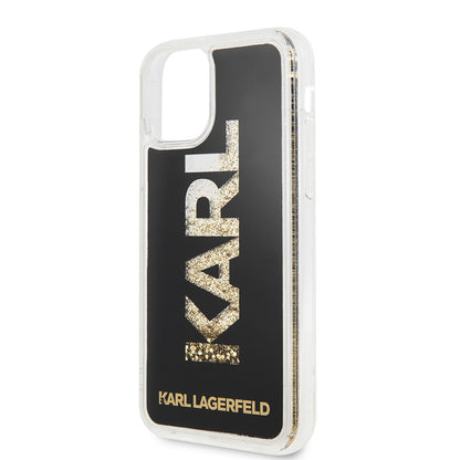 Apple iPhone 11 Kılıf Karl Lagerfeld Sıvılı Simli Logo Dizayn Kapak Siyah-Gold