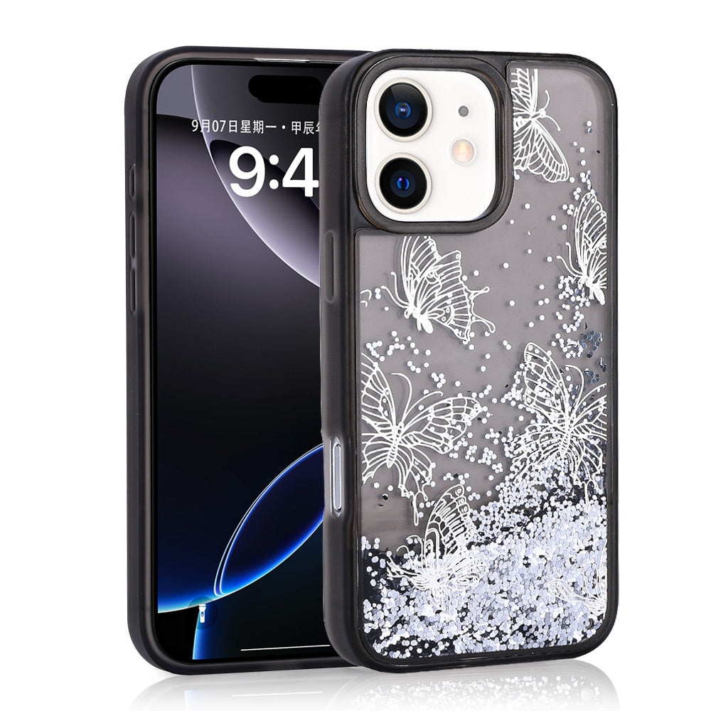 Apple iPhone 11 Case Liquid Glitter Butterfly Printed Transparent Back Surface Zore Glis Silicone Cover Purple 
