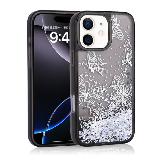 Apple iPhone 11 Case Liquid Glitter Butterfly Printed Transparent Back Surface Zore Glis Silicone Cover Black 