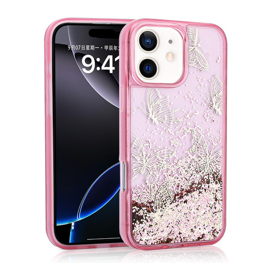 Apple iPhone 11 Case Liquid Glitter Butterfly Printed Transparent Back Surface Zore Glis Silicone Cover Pink 