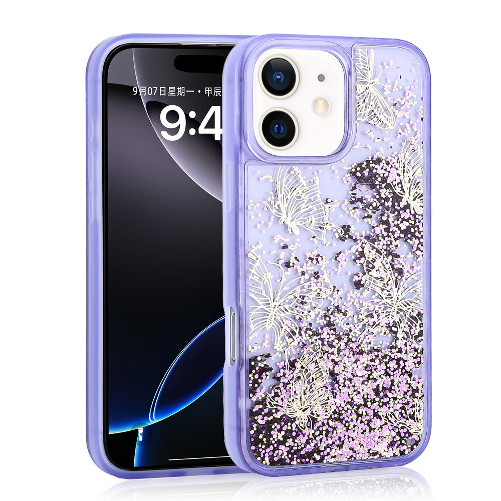 Apple iPhone 11 Case Liquid Glitter Butterfly Printed Transparent Back Surface Zore Glis Silicone Cover Purple 