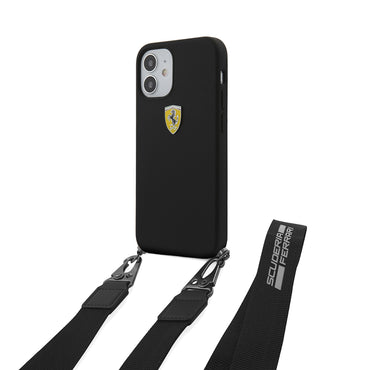 Apple iPhone 12 Kılıf Ferrari Orjinal Lisanslı Askılı Metal Logolu Kapak Siyah