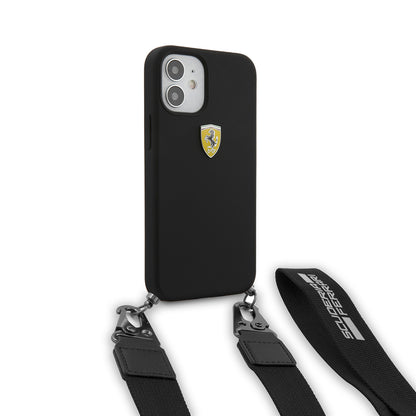 Apple iPhone 12 Kılıf Ferrari Orjinal Lisanslı Askılı Metal Logolu Kapak Siyah
