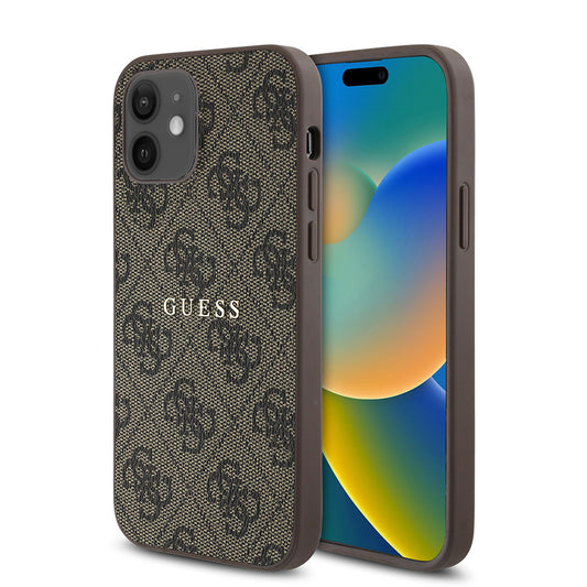 Apple iPhone 12 Case Guess Original Licensed M-safe Charging Feature 4G Pattern Text Logo Cover Brown