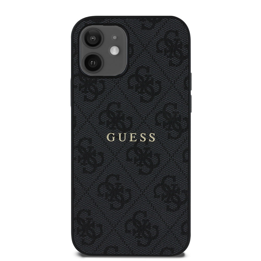 Apple iPhone 12 Case Guess Original Licensed M-safe Charging Feature 4G Pattern Text Logo Cover Black