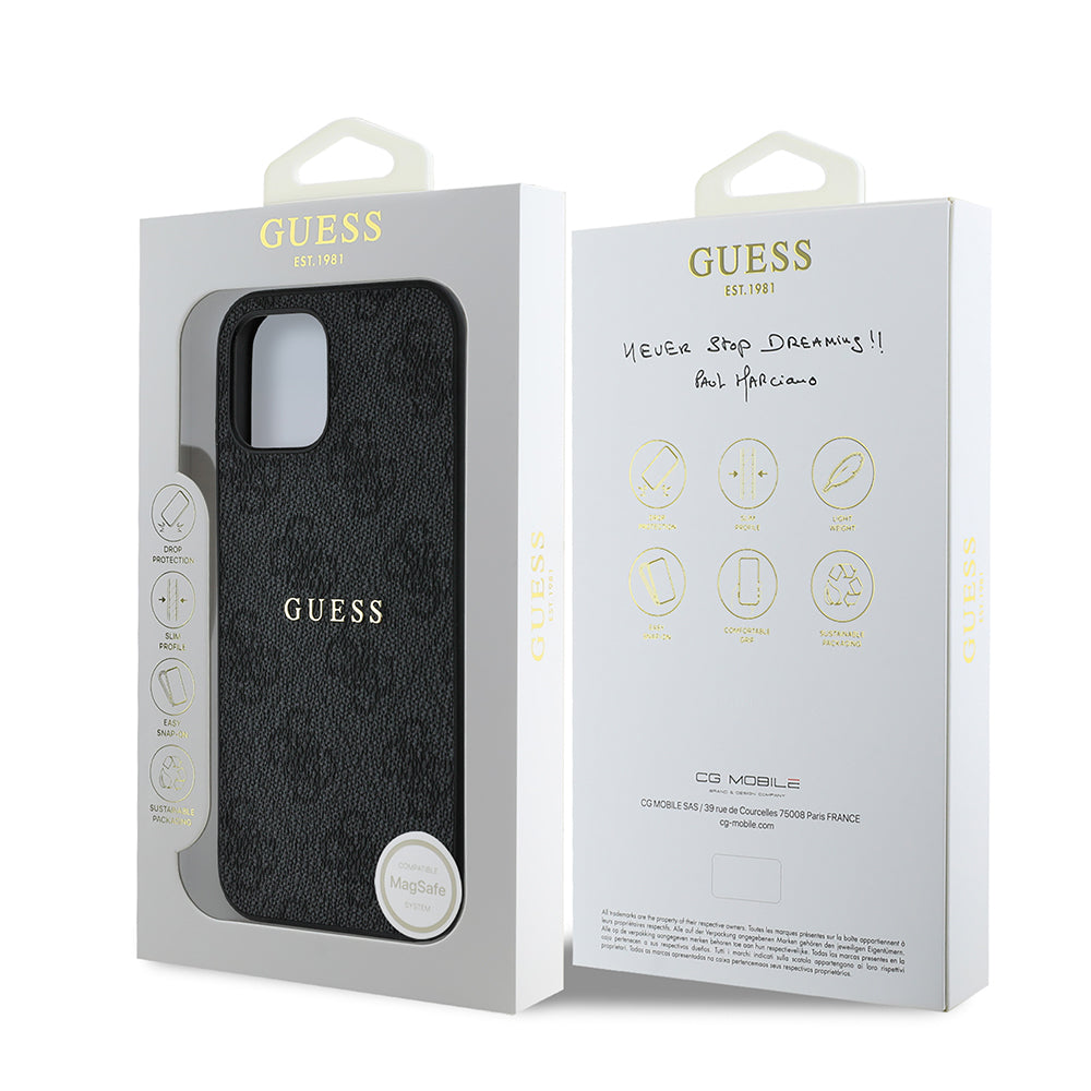 Apple iPhone 12 Case Guess Original Licensed M-safe Charging Feature 4G Pattern Text Logo Cover Black