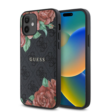 Apple iPhone 12 Case Guess Original Licensed M-safe Charging Feature Rose Printed 4G Patterned Text Logo Cover Black