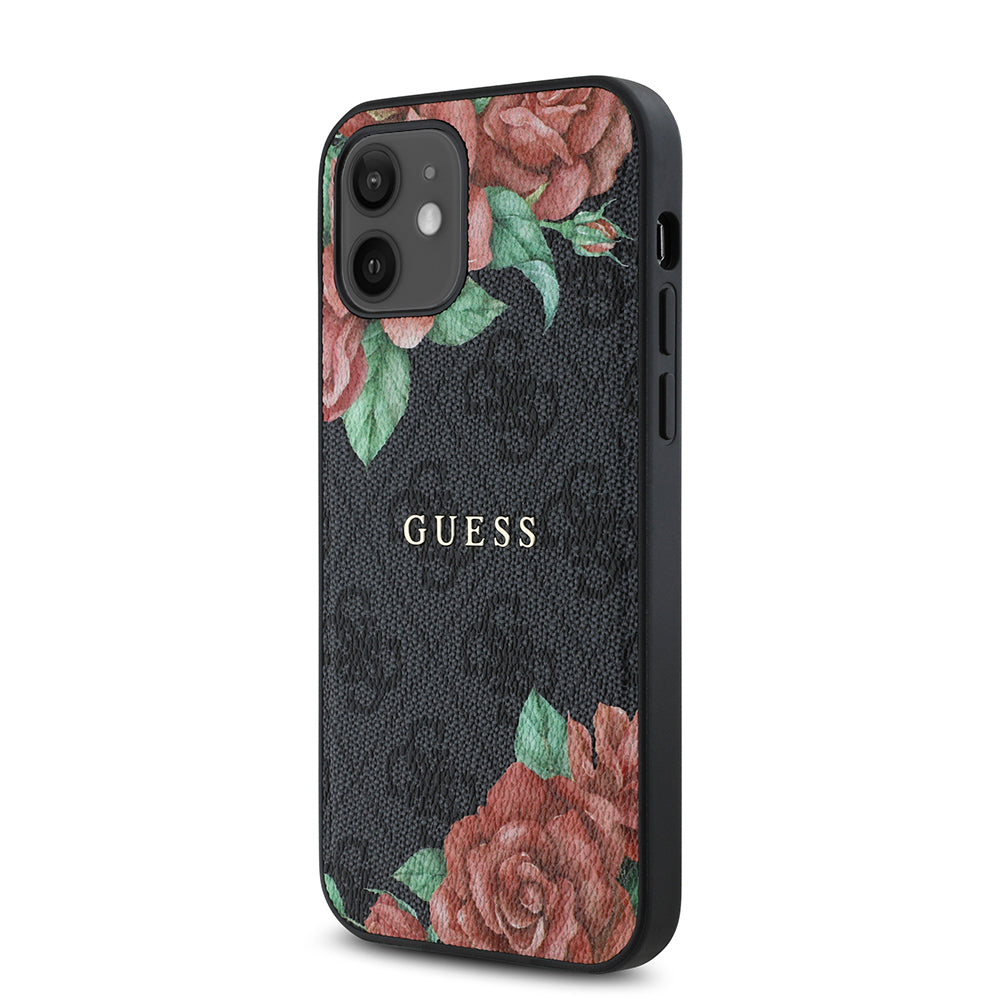 Apple iPhone 12 Case Guess Original Licensed M-safe Charging Feature Rose Printed 4G Patterned Text Logo Cover Black