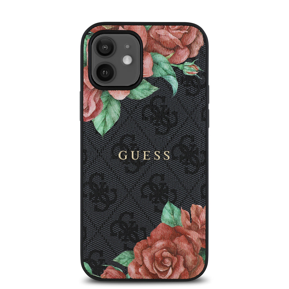 Apple iPhone 12 Case Guess Original Licensed M-safe Charging Feature Rose Printed 4G Patterned Text Logo Cover Black