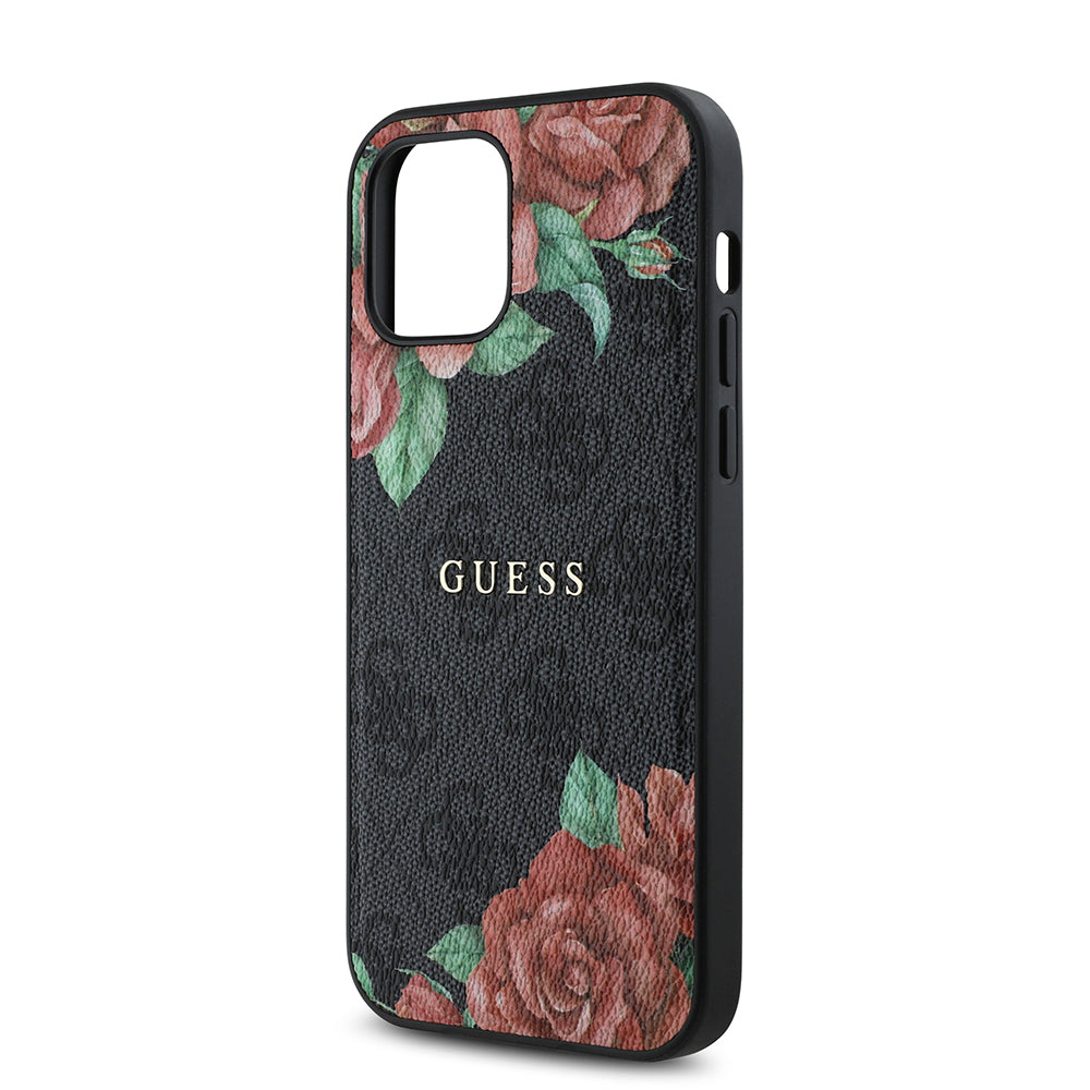 Apple iPhone 12 Case Guess Original Licensed M-safe Charging Feature Rose Printed 4G Patterned Text Logo Cover Black