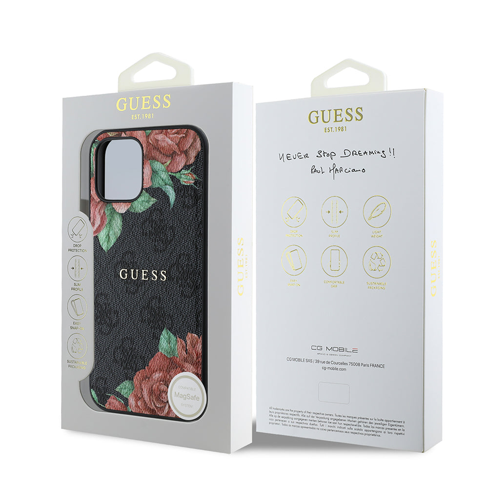 Apple iPhone 12 Case Guess Original Licensed M-safe Charging Feature Rose Printed 4G Patterned Text Logo Cover Black