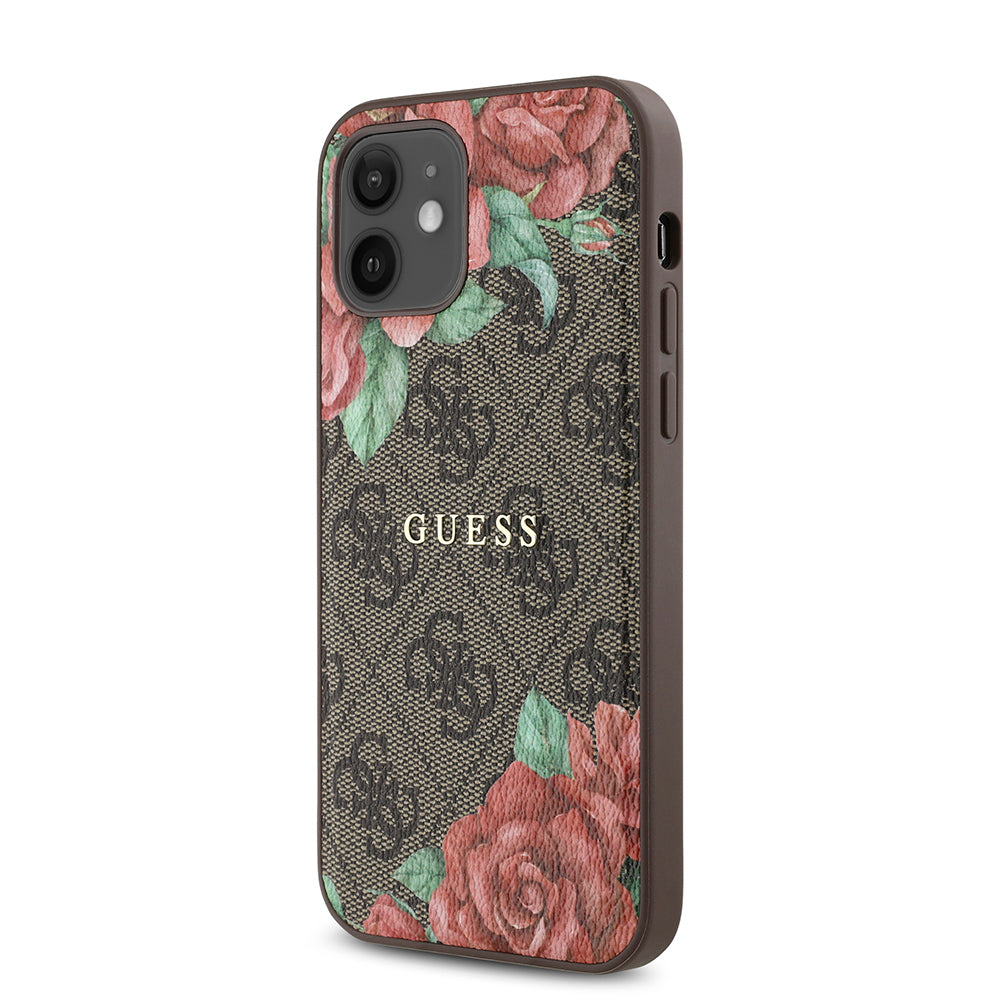 Apple iPhone 12 Case Guess Original Licensed M-safe Charging Feature Rose Printed 4G Patterned Text Logo Cover Black