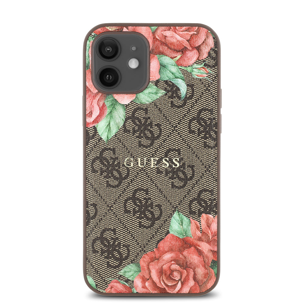 Apple iPhone 12 Case Guess Original Licensed M-safe Charging Feature Rose Printed 4G Patterned Text Logo Cover Black