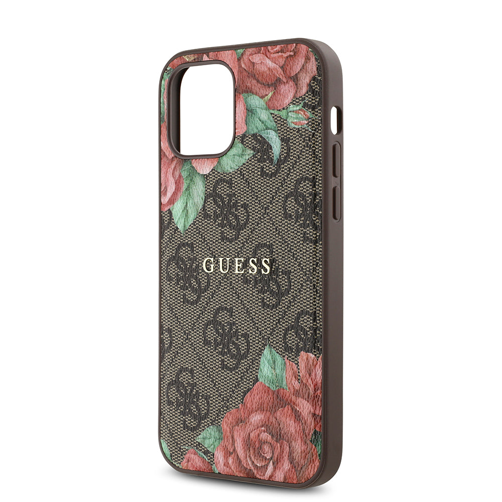 Apple iPhone 12 Case Guess Original Licensed M-safe Charging Feature Rose Printed 4G Patterned Text Logo Cover Black