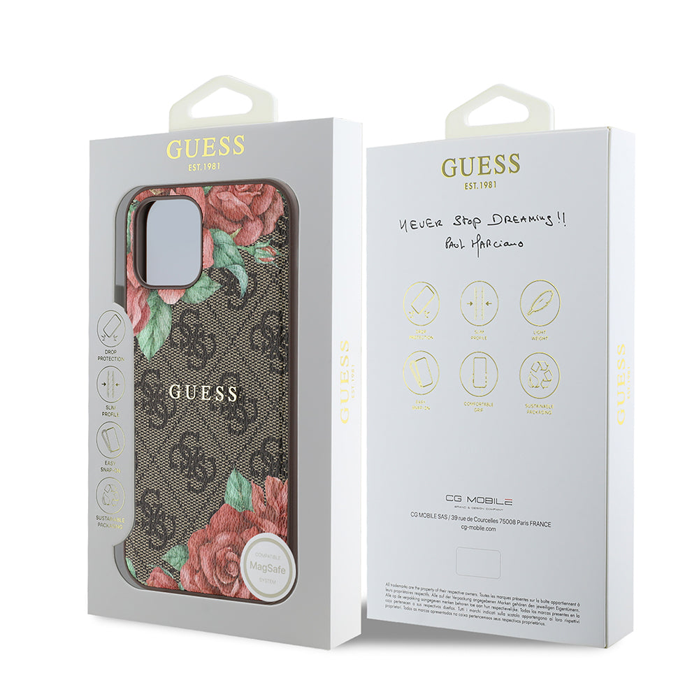 Apple iPhone 12 Case Guess Original Licensed M-safe Charging Feature Rose Printed 4G Patterned Text Logo Cover Black