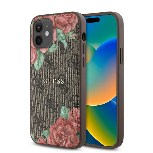 Apple iPhone 12 Case Guess Original Licensed M-safe Charging Feature Rose Printed 4G Patterned Text Logo Cover Brown