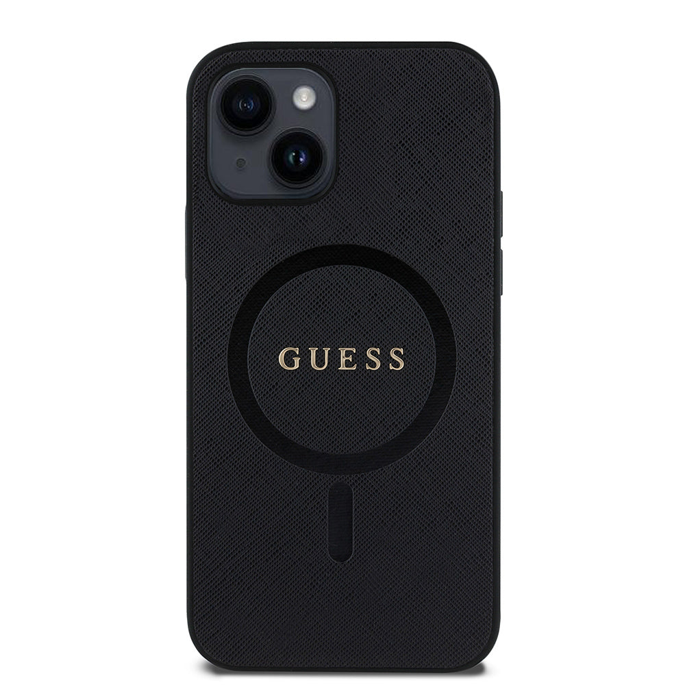 Apple iPhone 12 Case Guess Original Licensed M-safe Charging Feature Saffiano Classic Cover Black with Text Logo