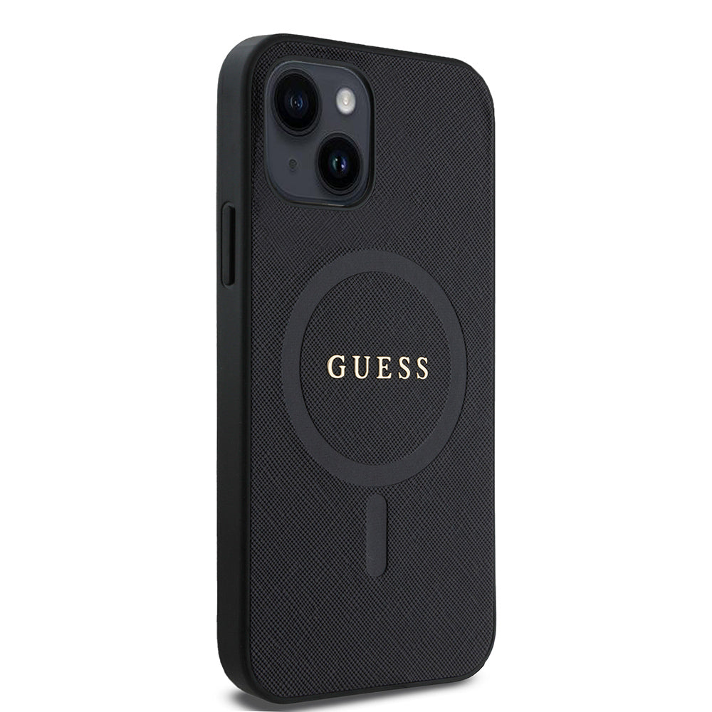 Apple iPhone 12 Case Guess Original Licensed M-safe Charging Feature Saffiano Classic Cover Black with Text Logo