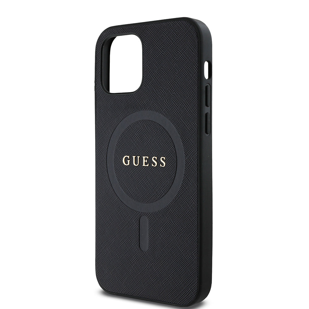 Apple iPhone 12 Case Guess Original Licensed M-safe Charging Feature Saffiano Classic Cover Black with Text Logo