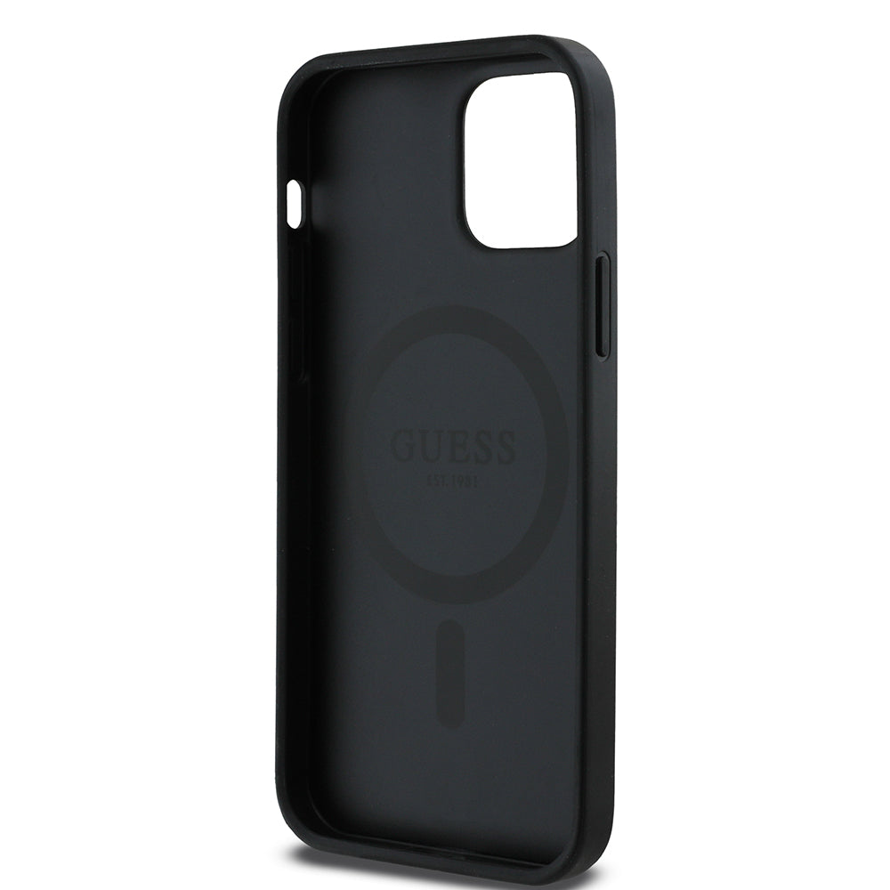Apple iPhone 12 Case Guess Original Licensed M-safe Charging Feature Saffiano Classic Cover Black with Text Logo