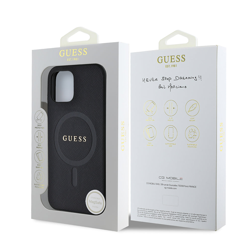 Apple iPhone 12 Case Guess Original Licensed M-safe Charging Feature Saffiano Classic Cover Black with Text Logo