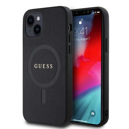 Apple iPhone 12 Case Guess Original Licensed M-safe Charging Feature Saffiano Classic Cover Black with Text Logo