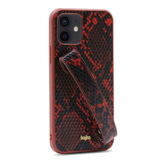 Apple iPhone 12 Kılıf Kajsa Glamorous Serisi Snake Handstrap Kapak Kırmızı