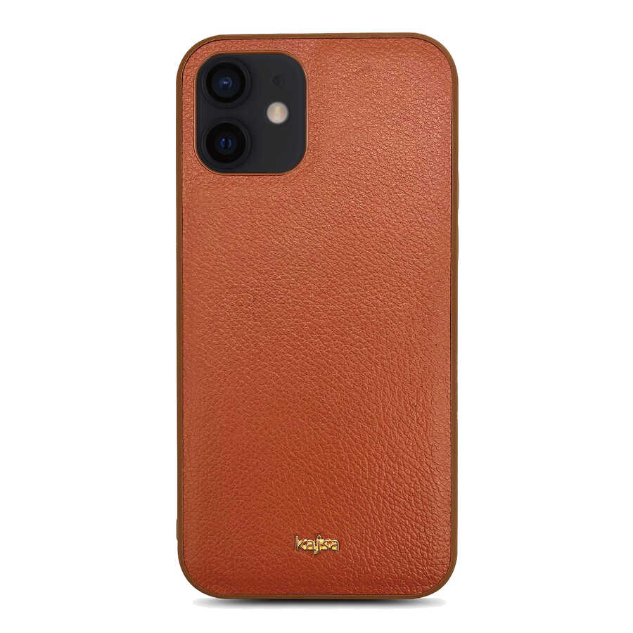 Apple iPhone 12 Kılıf Kajsa Luxe Collection Hakiki Deri Kapak Kahverengi
