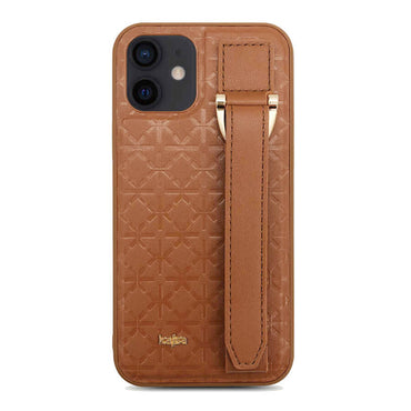 Apple iPhone 12 Kılıf Kajsa Neo Clasic Serisi Mono K Strap Kapak Kahverengi