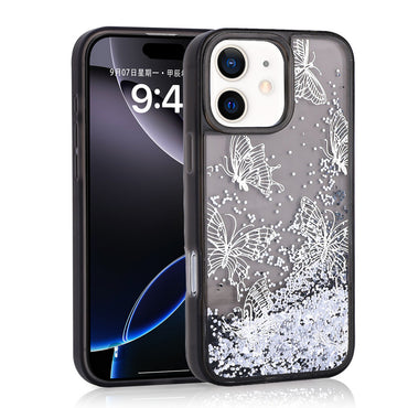 Apple iPhone 12 Kılıf Sıvılı Simli Kelebek Baskılı Şeffaf Arka Yüzey Zore Glis Silikon Kapak