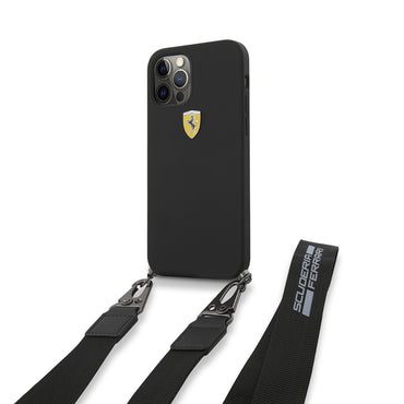 Apple iPhone 12 Pro Kılıf Ferrari Orjinal Lisanslı Askılı Metal Logolu Kapak Siyah