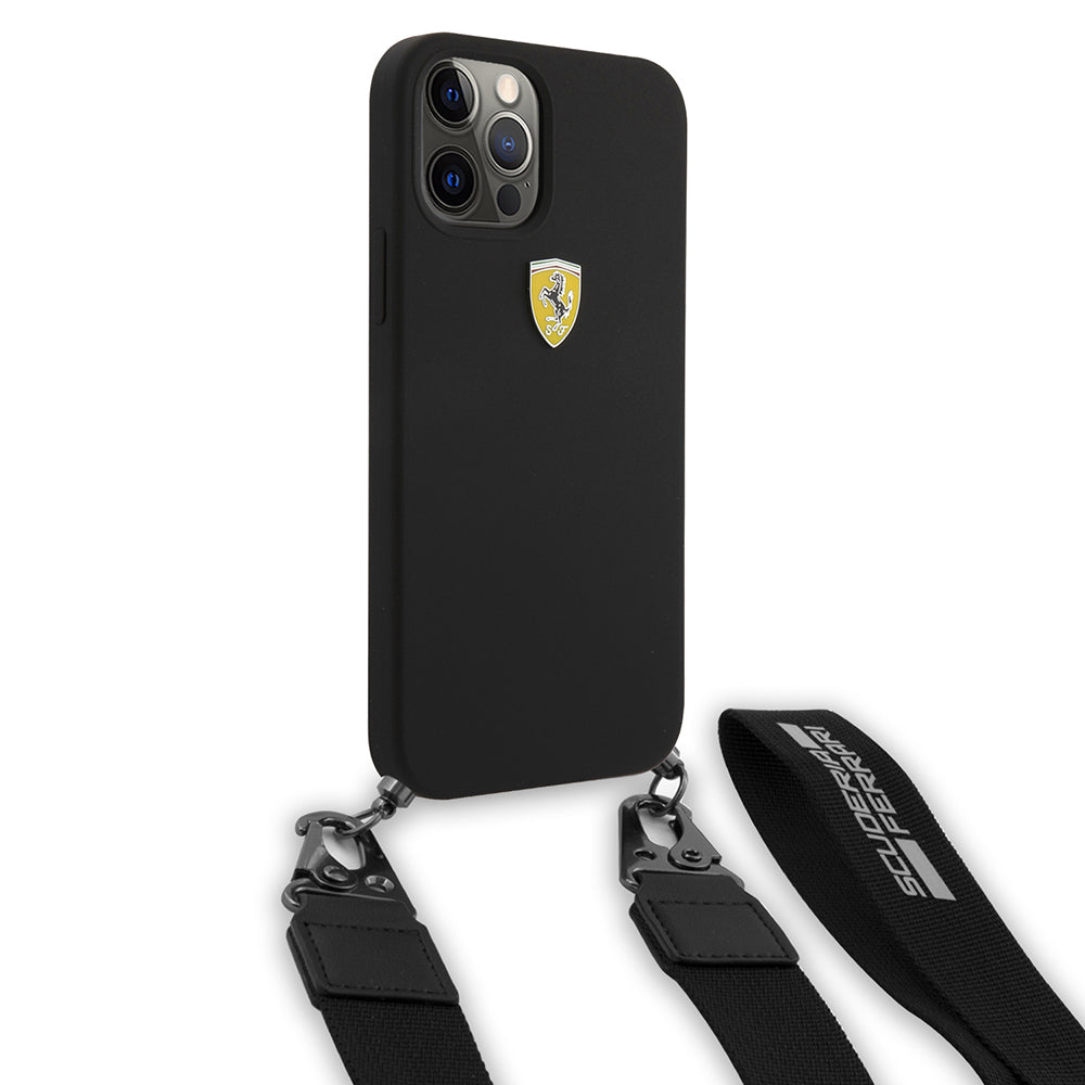 Apple iPhone 12 Pro Kılıf Ferrari Orjinal Lisanslı Askılı Metal Logolu Kapak Siyah
