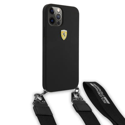 Apple iPhone 12 Pro Kılıf Ferrari Orjinal Lisanslı Askılı Metal Logolu Kapak Siyah
