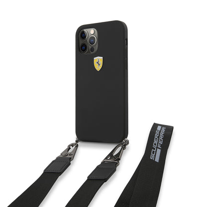 Apple iPhone 12 Pro Kılıf Ferrari Orjinal Lisanslı Askılı Metal Logolu Kapak Siyah