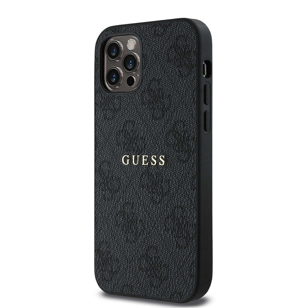 Apple iPhone 12 Pro Case Guess Original Licensed M-safe Charging Feature 4G Pattern Text Logo Cover Black